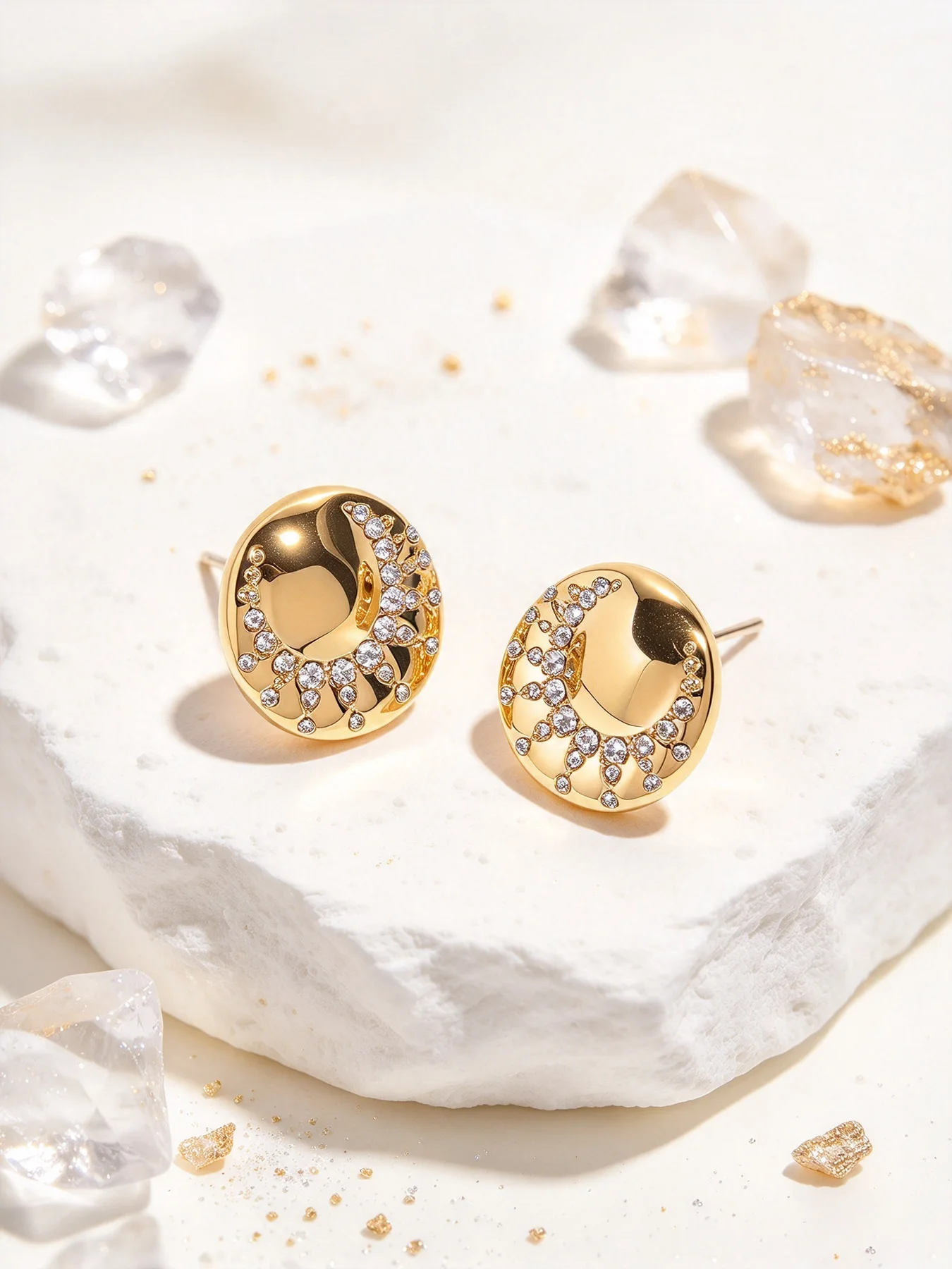 Irregular Curved Surface Round Stud Earrings with Scattered Crystals
