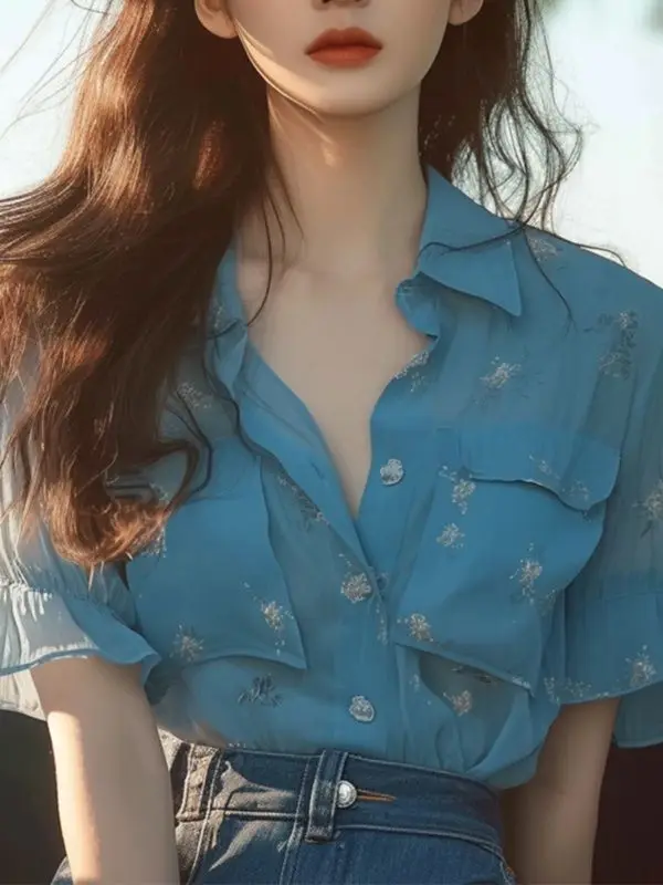 Summer Style Unique and Special Blue Chiffon Ruffle Short-sleeved Shirt for Women