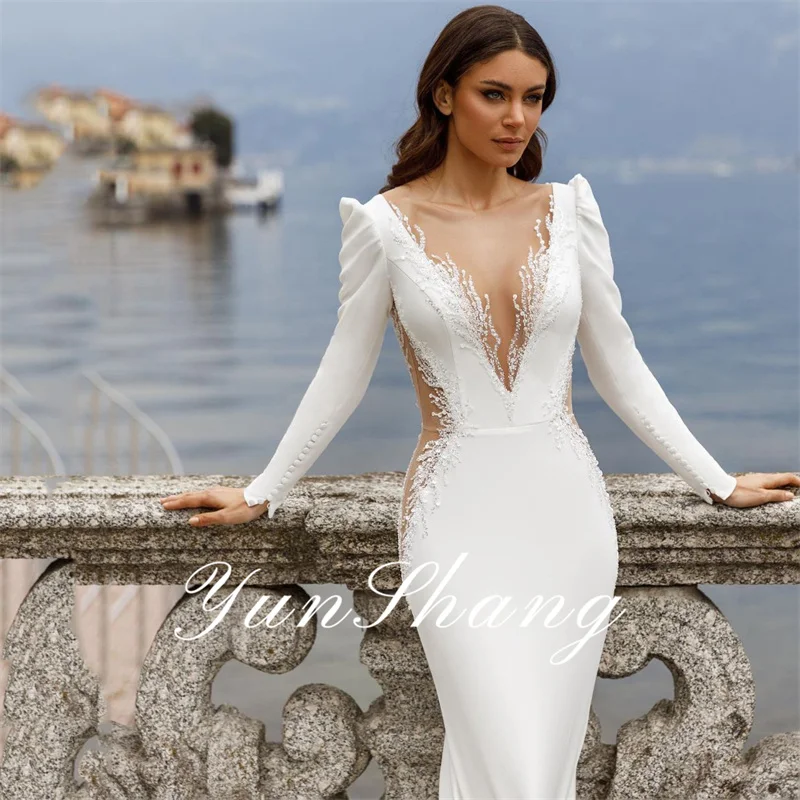 Yunshang elegante Vestido De Novia para mujer ilusión De sirena manga larga espalda De encaje con cuello en V Vestido De Novia tren Vestido De Novia personalizado