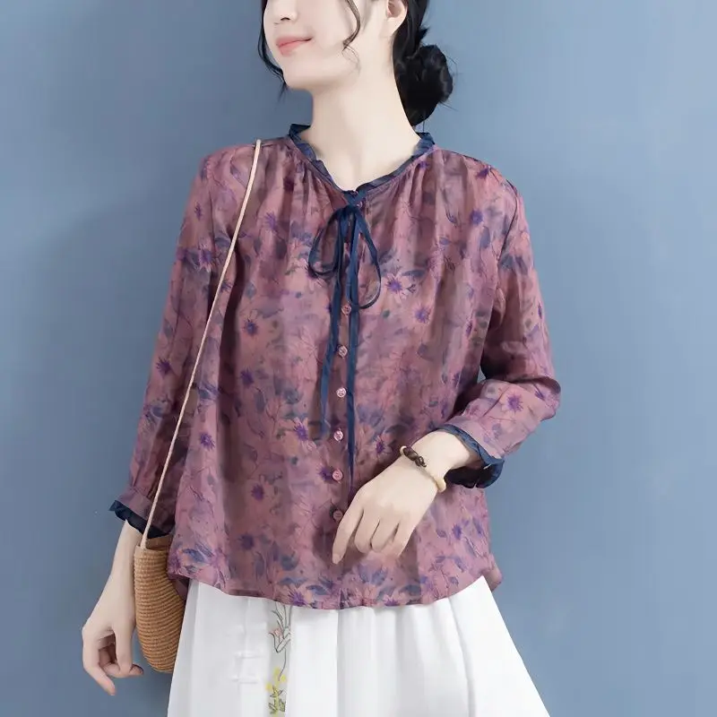 Spring New Collar Lace Shirt for Women Chinese Style Retro Loose Floral Nine Quarter Sleeve Thin Top for Women Long Sleeved Shir