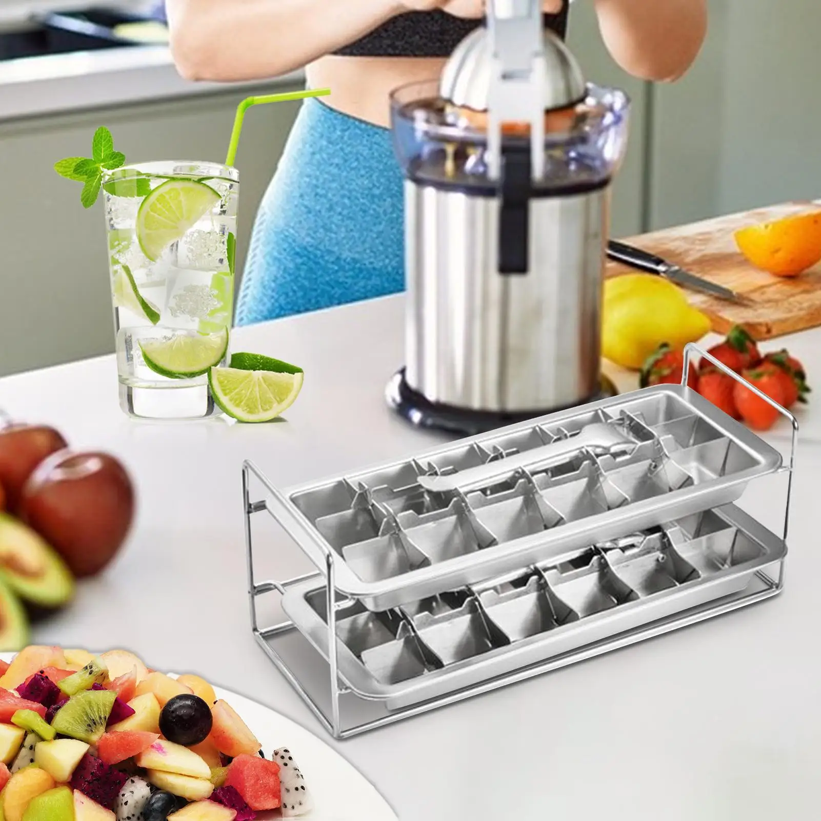 طبقة مزدوجة 304 الفولاذ المقاوم للصدأ علبة ثلج الإفراج السريع صانع الثلج الفولاذ المقاوم للصدأ علبة مكعبات الثلج صينية الفريزر للحانات المطابخ