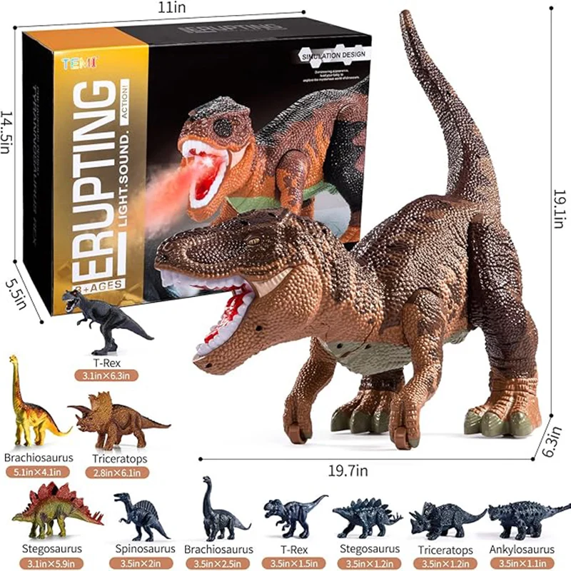 TEMI Large Dinosaur Toys For Kids 3-5. Jumbo T-rex With Mist Spray, Light/sound. Hollow T-rex Holds 4 Painted And 6 Mini Dinos