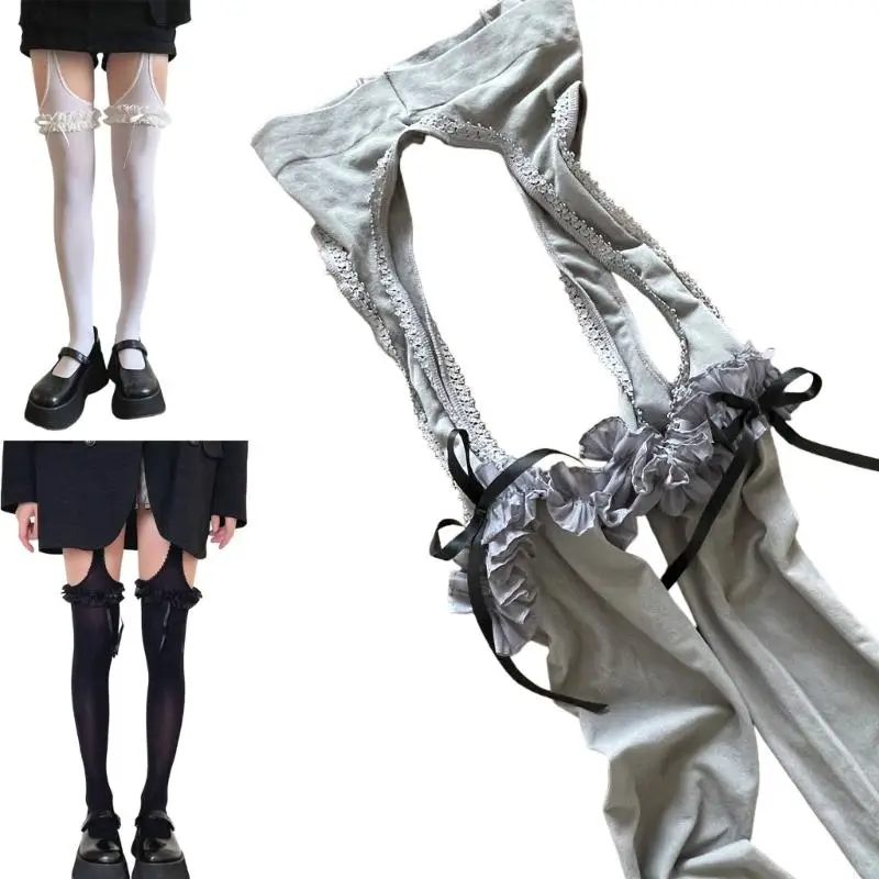 

L5YC Ruffle Thigh High Garter Stockings Control Top Tights Garter Belt Tights Womens