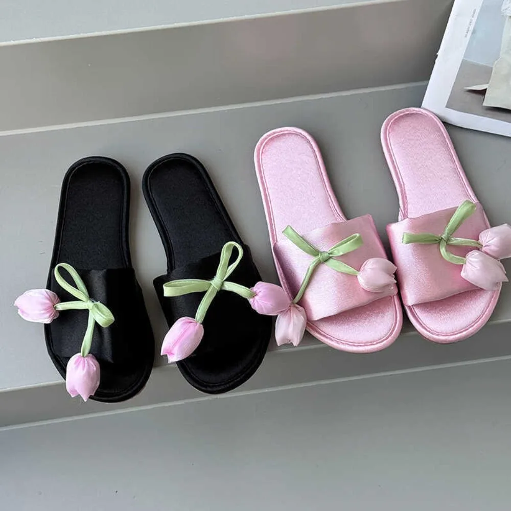 

Casual Vacation Tulip Slippers Soft Non-Slip Flower Dormitory Slippers Satin Beach Tulip Household Shoes Outdoor