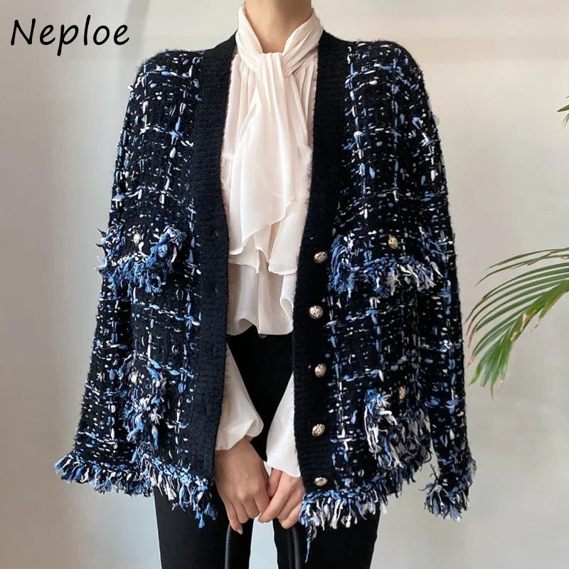 Neploe elegante scollo a v Cardigan lavorato a maglia di colore misto donna sciolto maglione a maniche lunghe cappotto donna nappa frange Cardigan