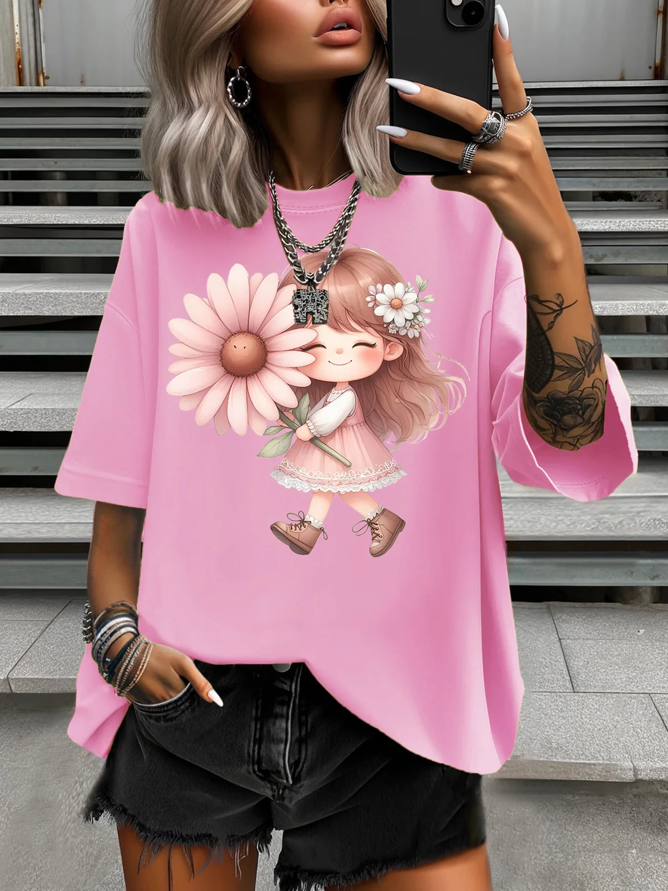 Camiseta de talla grande de verano para mujer, Tops informales de manga corta con cuello redondo y estampado de flores a la moda de diseño Original para mujer