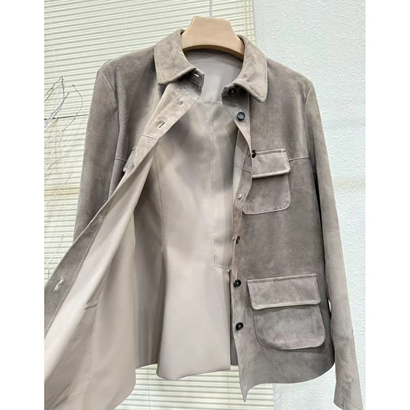 2025 Genuine Suede Coat Spring Autumn Fashion Retro Pocket Single Breasted Gray/Coffee Sheepskin Long Sleeve Shirt Jacket Female