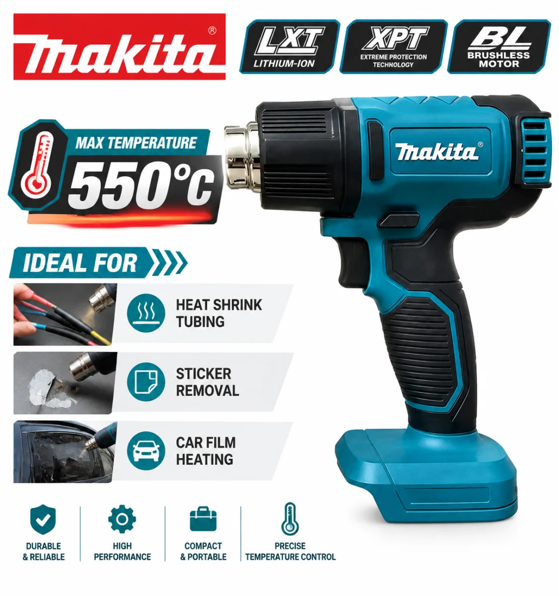 Makita 18V LXT Lithium Battery Makita DHG181 18V LXT Cordless Heat Gun, 150-550°C Adjustable Temperature Hot Air Gun,Shrink Film