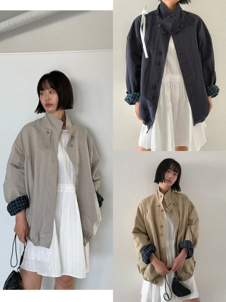 

Весна 2024, женская ретро-американская куртка с воротником-стойкой, утягивающая верхняя одежда свободного кроя на одной пуговице, чистый цвет