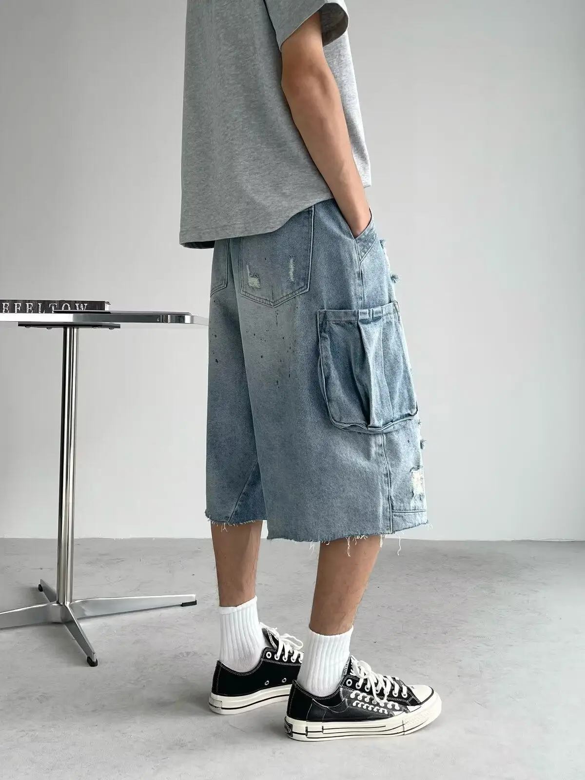 American Street Style Ripped Denim Shorts Summer Casual Fashionable High Street Multi Pocket Washed Fringe Cropped Jeans