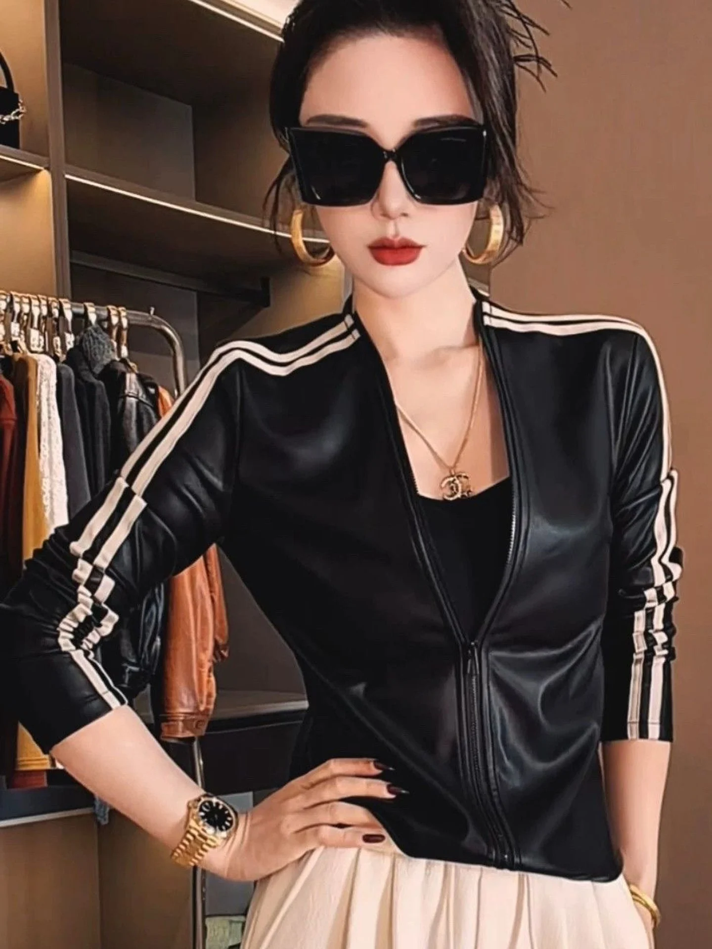 Fashionable Slim Fit Long Sleeve PU Jacket Women's Short Top Color Block Weave Belt Design Vintage Style Straight Hem Zipper