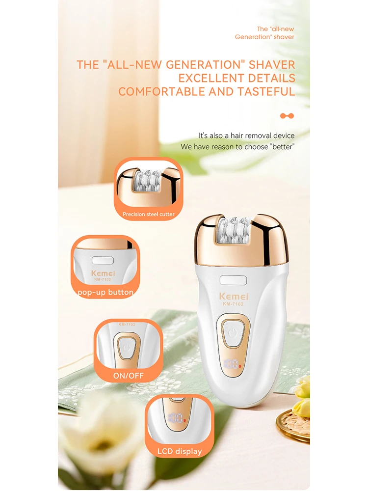 KEMEI Km-7102 3 في 1 إزالة شعر الجسم للنساء ماكينة حلاقة كهربائية لاسلكية قابلة لإعادة الشحن عبر USB للنساء ماكينة إزالة الشعر