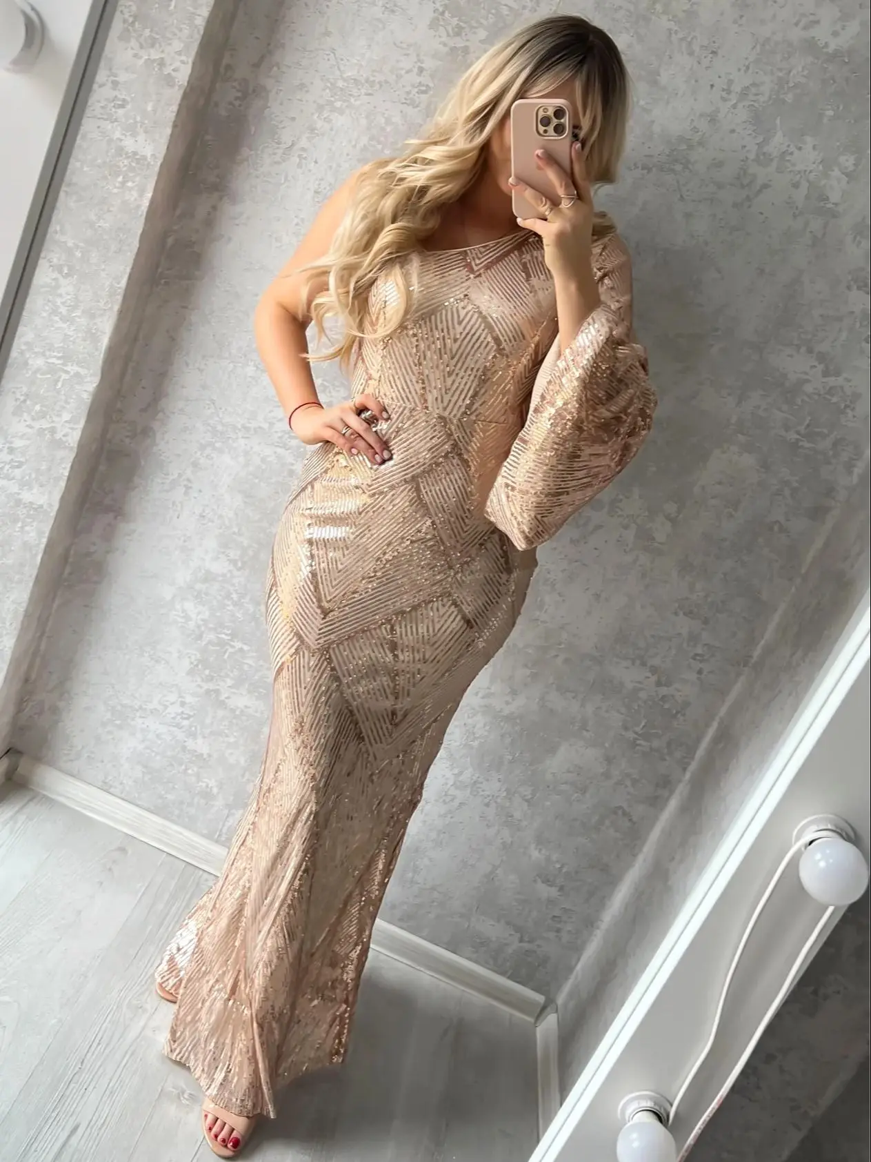 Robe de soirée à manches longues évasées pour femmes, robe maxi à paillettes, robe de Rhverte dorée, une initiée