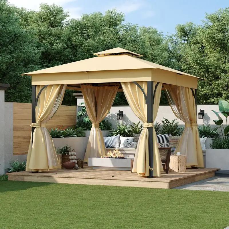

10x10 Outdoor Gazebo with Double Roof, Patio Tent with Mosquito Netting & Privacy Screens, Waterproof Canopy for Backyard,
