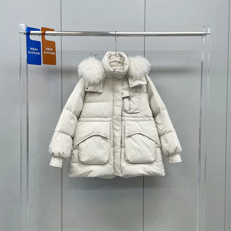 

New Natural Real Raccoon Fur Collar Hooded Winter Women White Duck Down Jacket Female Warm Coat Outerwear