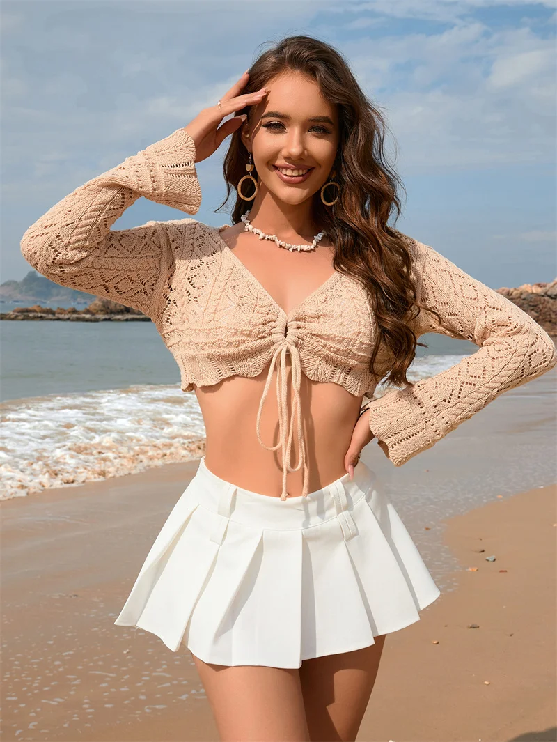 Long Sleeve Lace Up Knit Blouse Crop Top , Beach Crochet Bikini Cover Up, Summer Sexy Deep V Hollow Shirt Women Swimwear Blusa