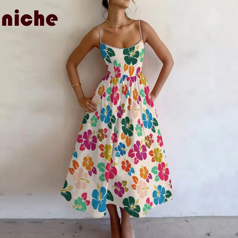 

Color Ladies Dress Small Fresh Flower Graphic Print Outfit Beach Party Girls Skirt High Quality Bamboo Hemp Fabric New