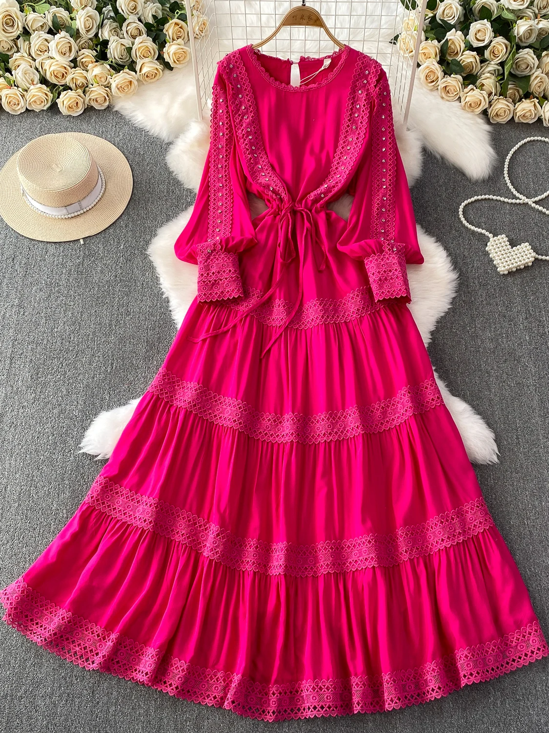 Ele lourd embelli diamant dentelle ronde Ne Dr femmes automne Dstring taille cintrée jupe longue trajet Sle haute...