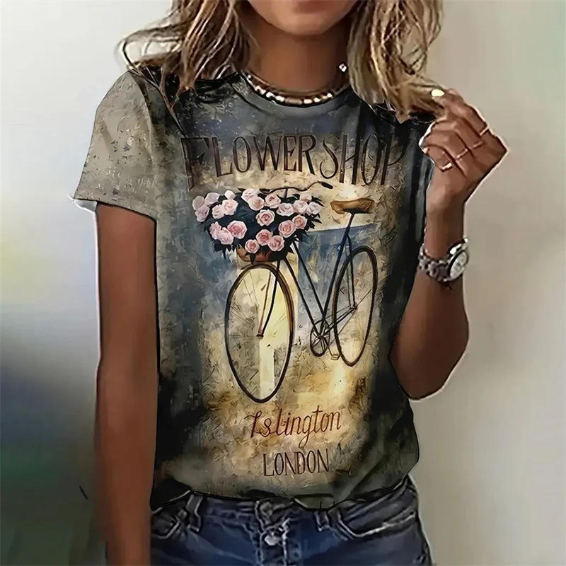 Vintage Eiffel Tower Pattern T-Shirt For Women Flower Bike 3D Print Tee Summer Fashion Street O-Neck Tops Short Sleeves T Shirts