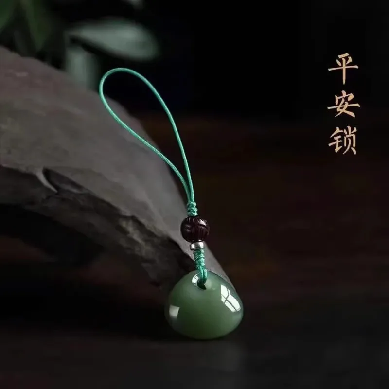 Natural Hetian Jade Peace Lock Mobile Phone Chain Lanyard Good Luck Pendant USB Flash Drive Ornament