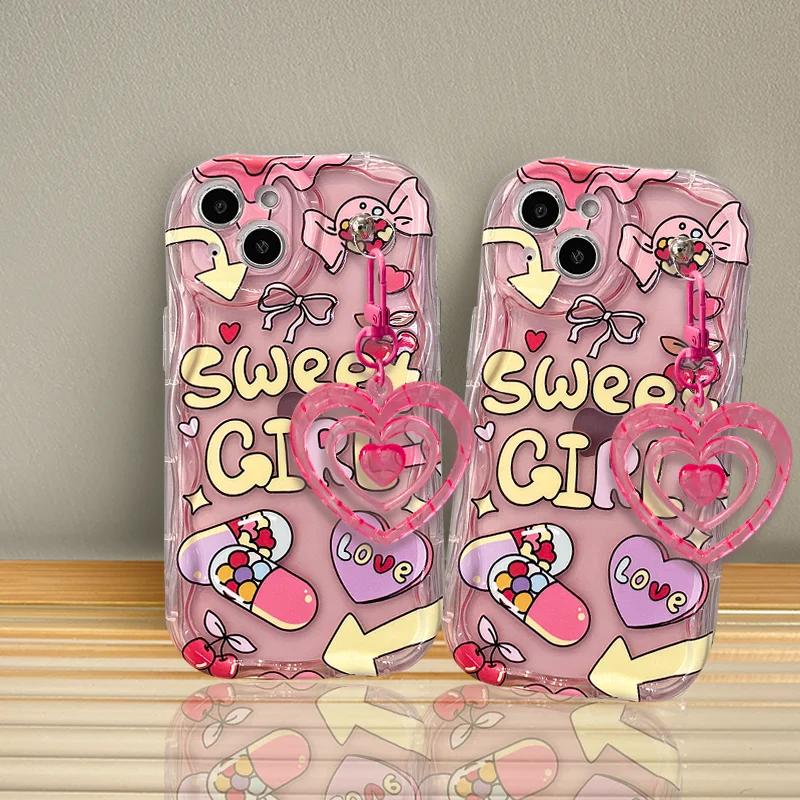 Korea Cute Pink Love Heart Keychain Transparent Clear Soft Phone Case for iphone 13 14 Pro Max 12 11 XR X XS 7 8 plus SE Cover