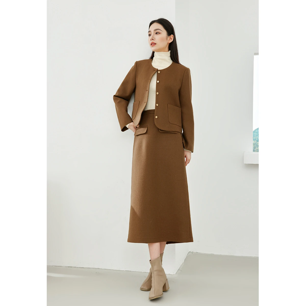 VIMLY أنيقة الصوف مزيج تنورة مجموعة س الرقبة مبطن الستر مرونة الخصر سبليت ميدي التنانير 2025 الشتاء مجموعات المرأة 2 قطعة 16260