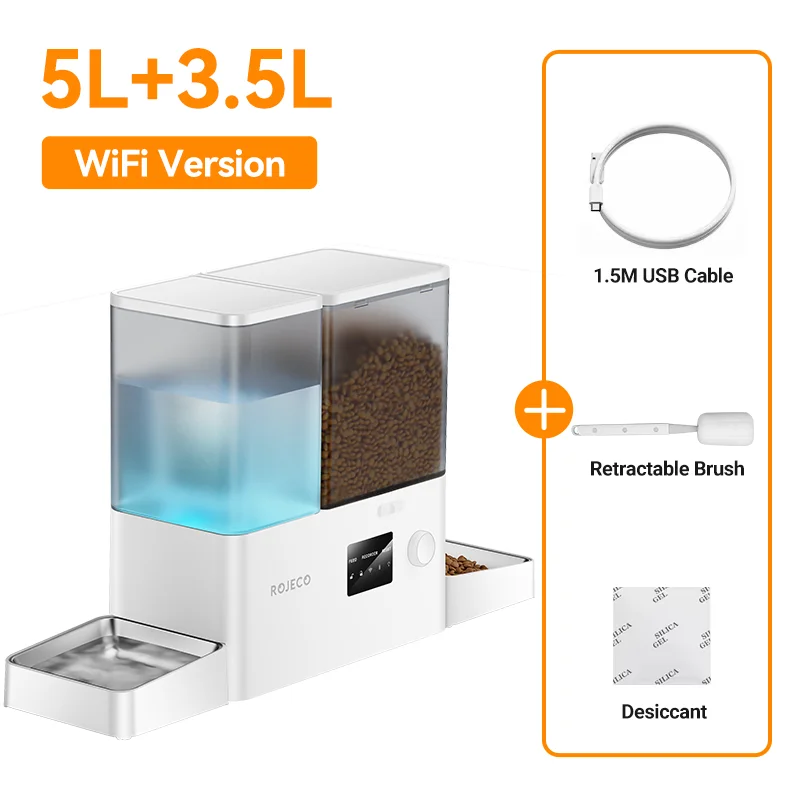ROJECO Automatische Pet Feeder Fontein 8.5L Knop Versie Hondenvoer Dispenser Water Refill 2 in 1 Drinken Voeden Levert