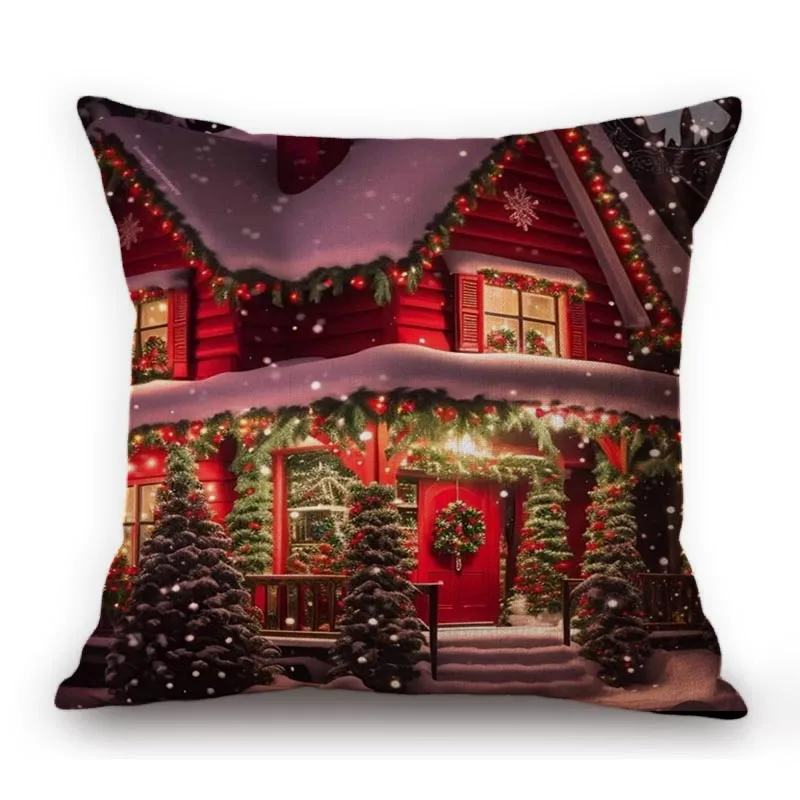 Cozy Snow Covered Christmas Cabin Xmas Art Sofa Decorative Cotton Linen Sofa Pillow Case Scenery Winter Decoration Cushion Cover