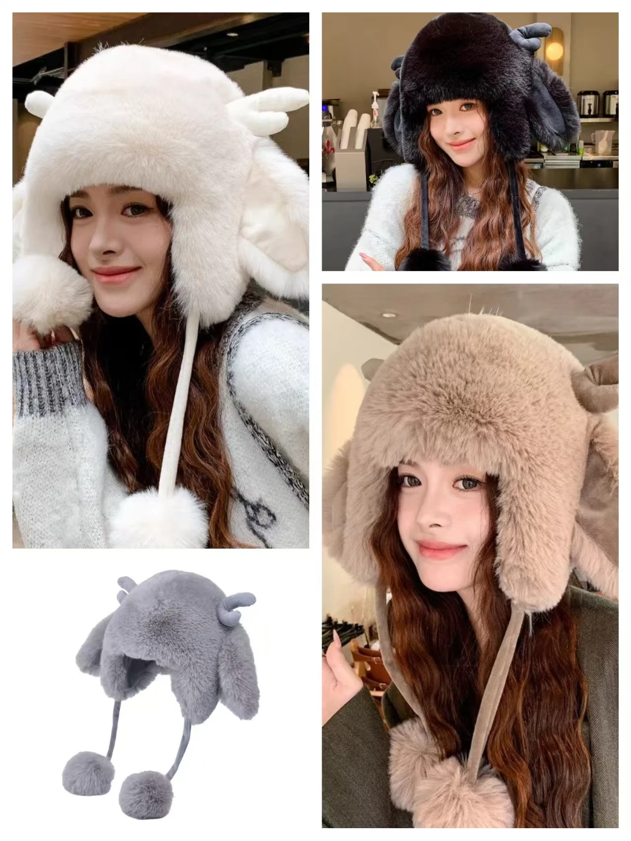

New Cute Deer Antlers With Two Long Ears Women Ear Protection Cap Outdoor Thick Plush Women Hat Women Lei Feng Hat