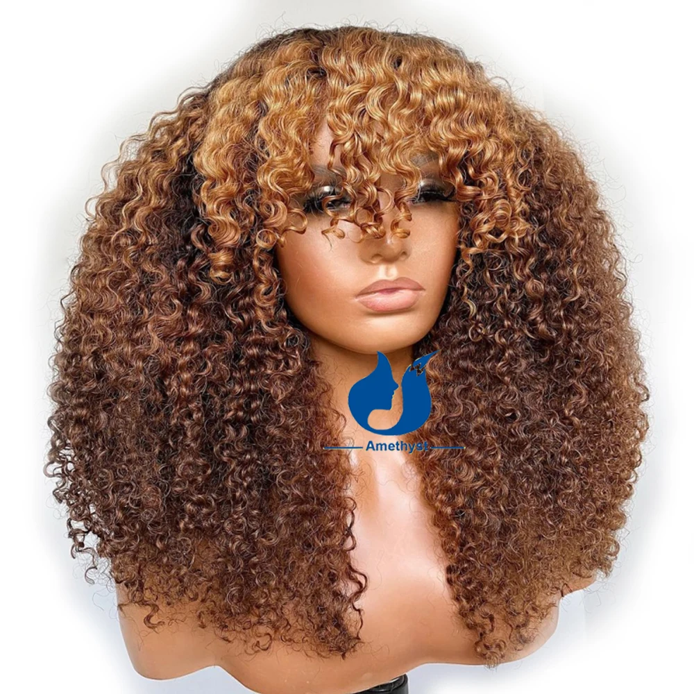 Honey Blonde Deep Wave Curly Scalp Perucas, 130% Densidade, Perucas de Cabelo Humano, Wear and Go, None Lace, Peruca com Bang para Bla, Top Bangs