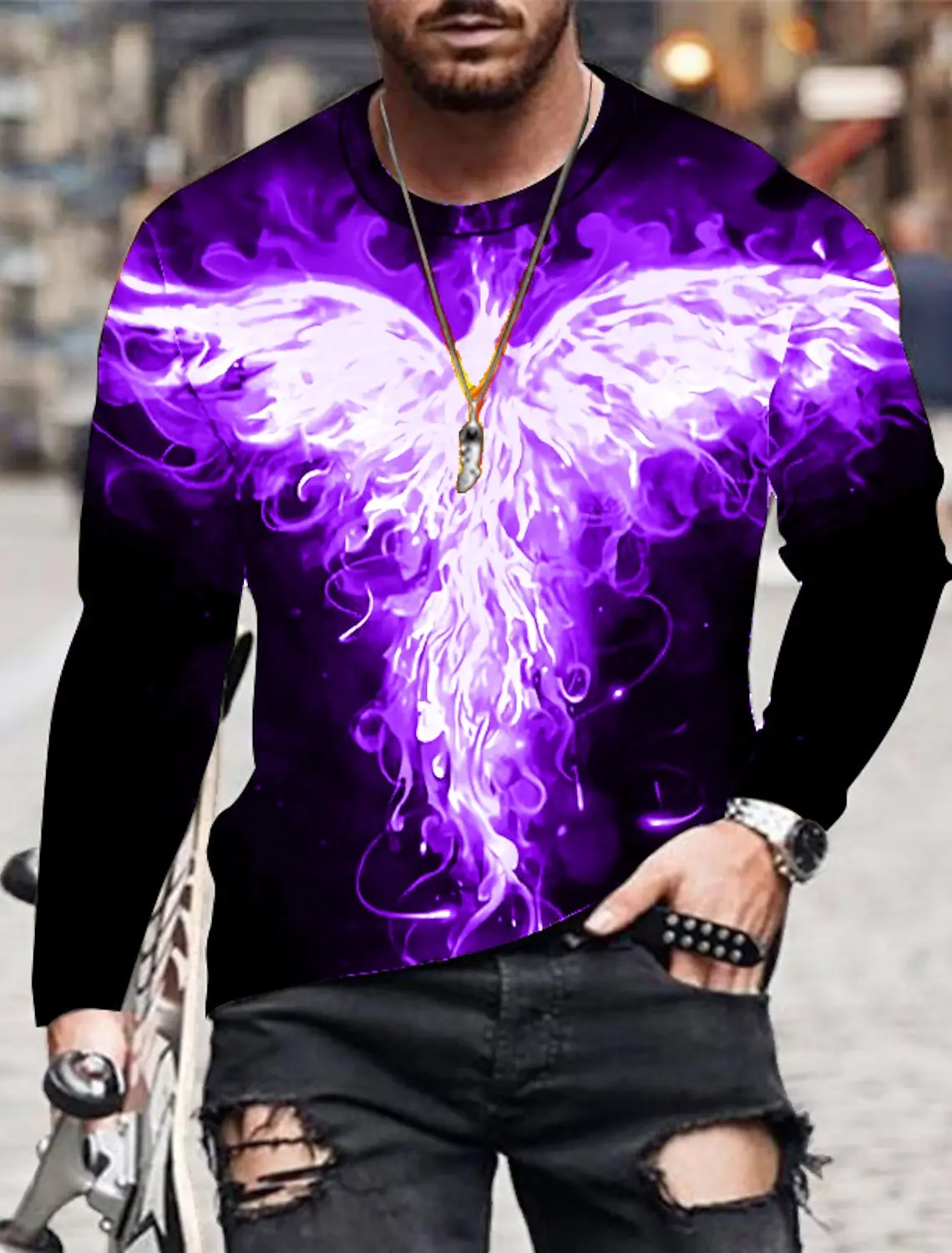 Men Flame Phoenix Wings 3D Print Streetwear Long Sleeve Crew Neck T Shirt