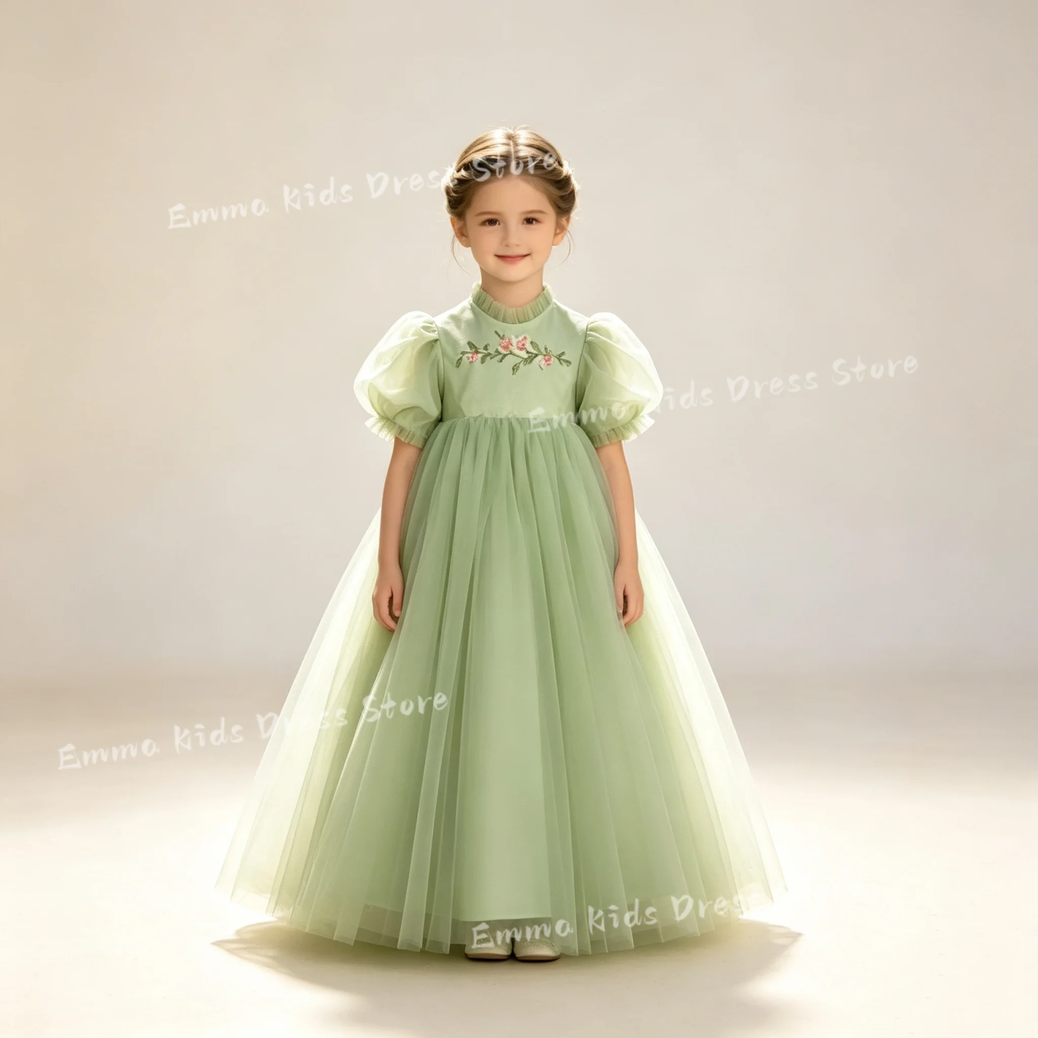 Custom Elegant Flower Girl Dress with Embroidered Lace Bow, Short Sleeve Princess  CommunionBirthday Party Dress