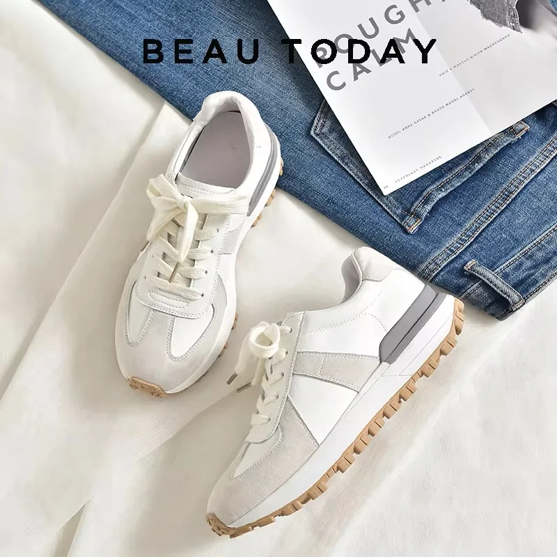 BeauToday-zapatillas de deporte informales para mujer, zapatos planos de plataforma con punta redonda y cordones, de ante, de colores mezclados,