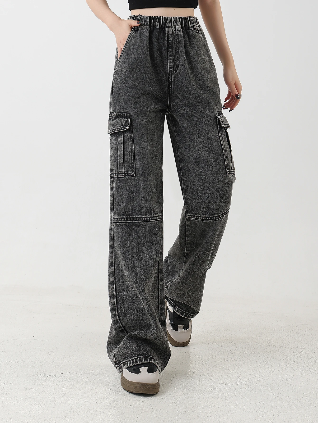 

Women's Vintage Washed Denim Pants - American Style Cargo Jeans for Girls, High Waist Straight Wide Leg Casual Trousers, Slimmin