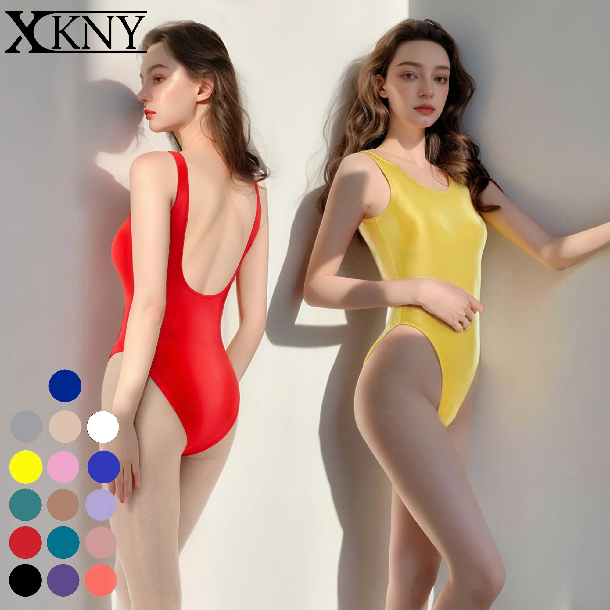 XCKNY Satin glossy one piece swimsuit sexy silky U-shaped backless vest with crotch top shiny swimsuit