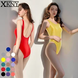 XClocKNYoung satin glossy swimsuit Satin glossy one piece swimsuit sexy silky U-shaped backless vest with crotch top