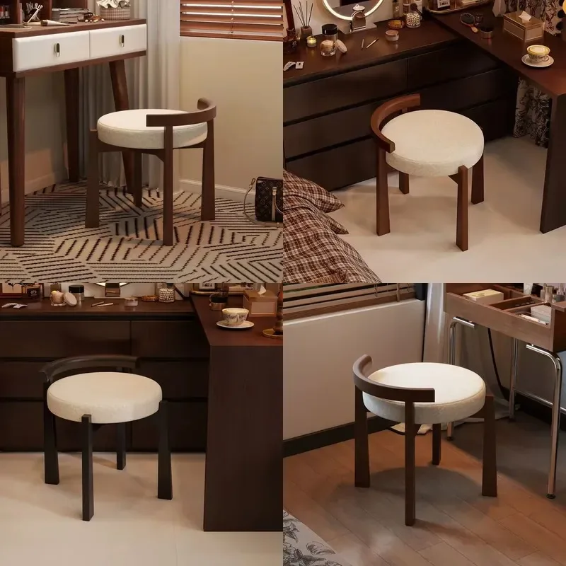 Modern Wood Vanity Stool with Lamb Wool Upholstery for Bedroom and Dressing Room