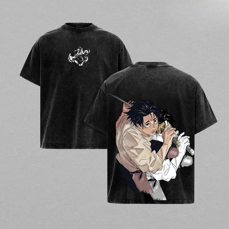 Okkotsu Yuta Printed Tee Anime Jujutsu Kaisen Clothing Men Women Retro Washed T-shirts Loose Tshirt Harajuku Male Cotton T Shirt