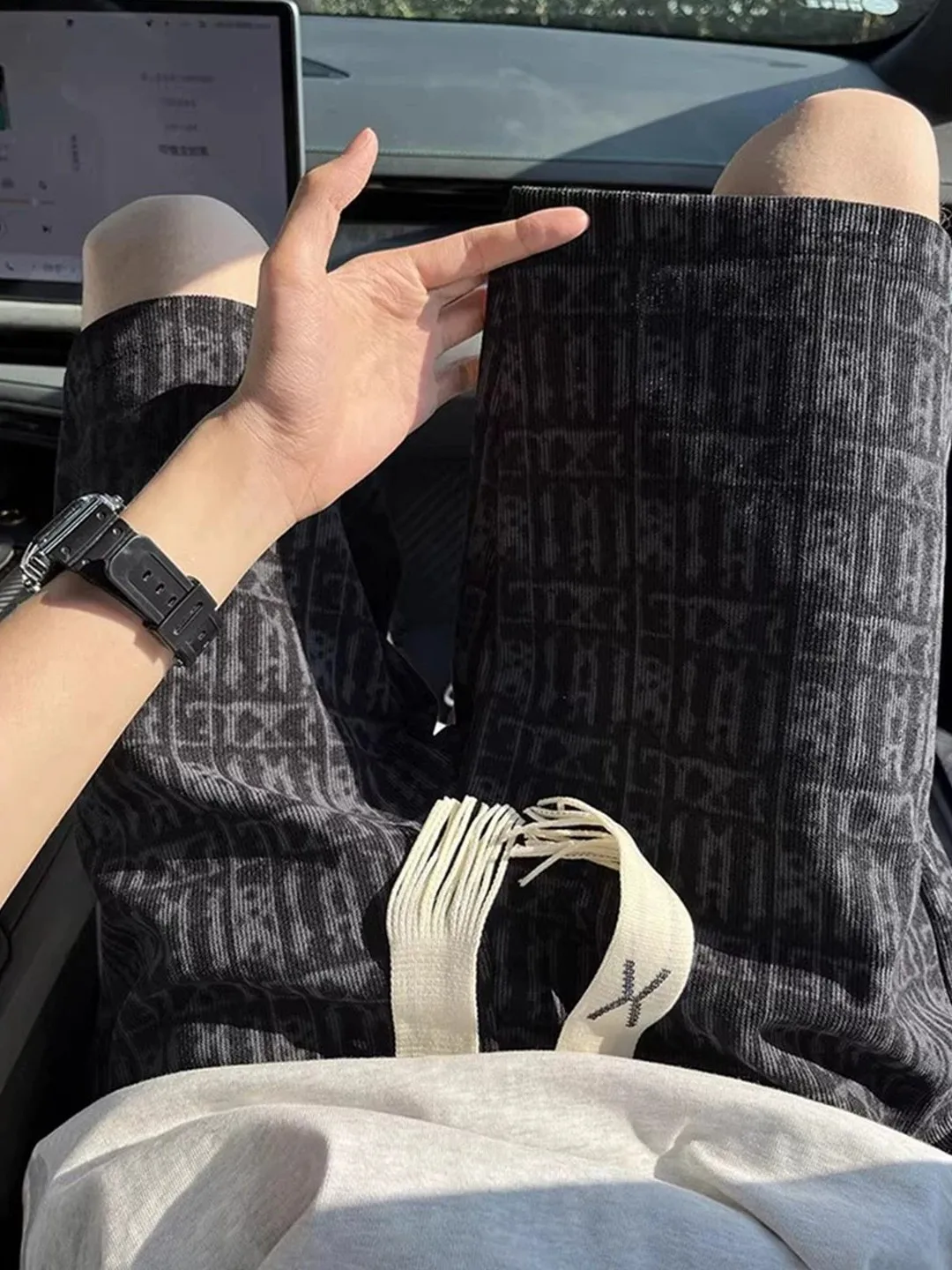 Black Plaid Dyed Shorts Men's Summer Thin Ice Silk Five-Quarter Length Sporty Casual Mid-Length Trousers Straight Leg Pants