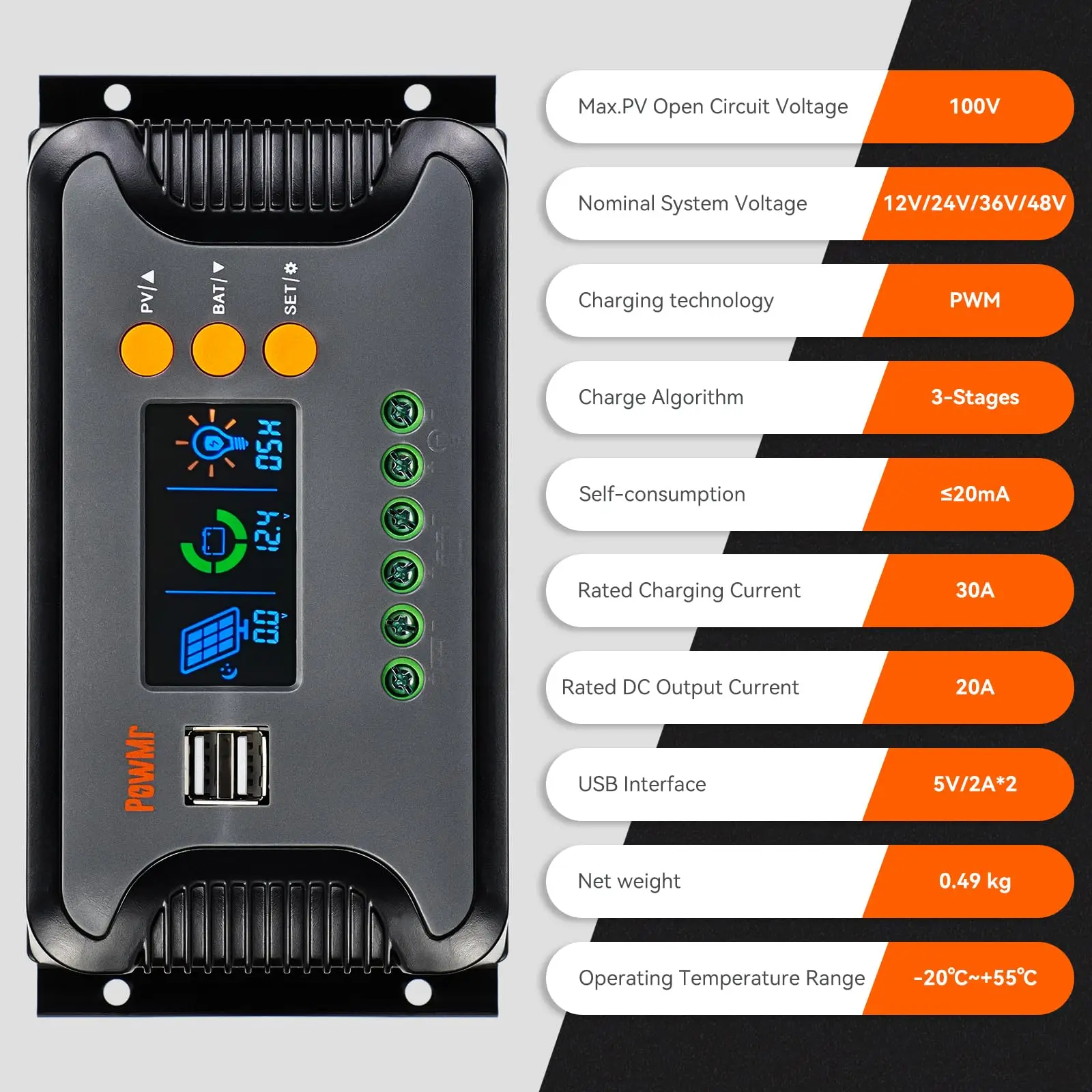 PowMr Had 30a 60a 80a Zonne-Energie Laadregelaar Voor 12V 24V 36V 48V Batterij Met Led-Scherm Usb 5V 2a Pv V V Uit Werk Slient