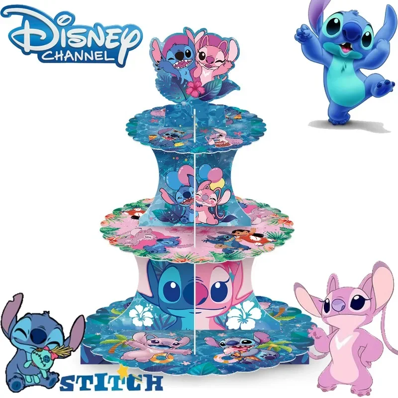 Disney-Soporte de pastel de Lilo & Stitch, decoración de fiesta de cumpleaños de 3 niveles, torre de pastel de papel de Ángel de dibujos animados, suministro para fiesta de Baby Shower