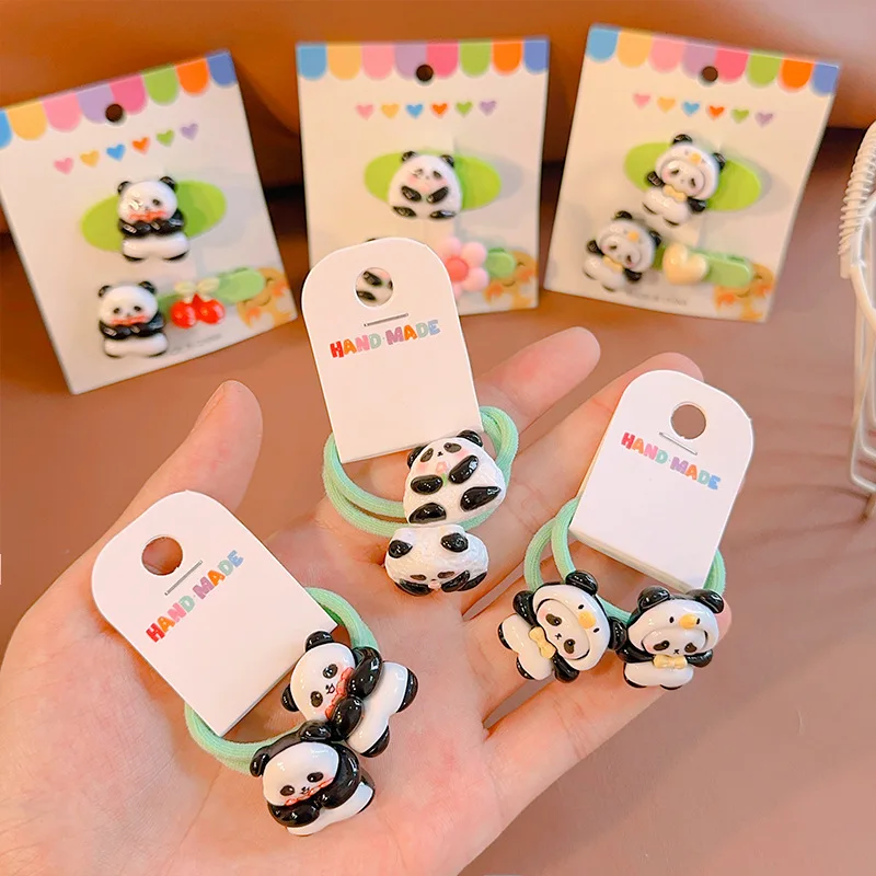 2PCS Lovely Cartoon Bow Tie Panda Girls Elastic Hair Bands Princess Hair Accessories Children Hair Ties Baby Headwear