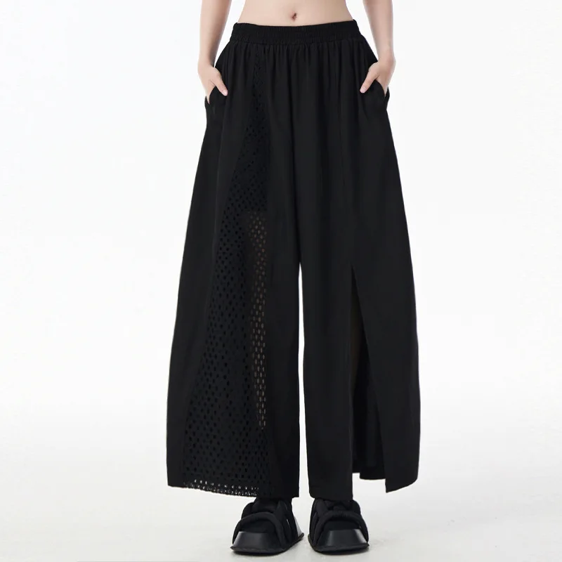 

Модные широкие брюки с сетчатыми вставками и разрезами, свободного кроя, струящиеся, летняя новинка, уличный стиль, на резинке, из хлопка и льна