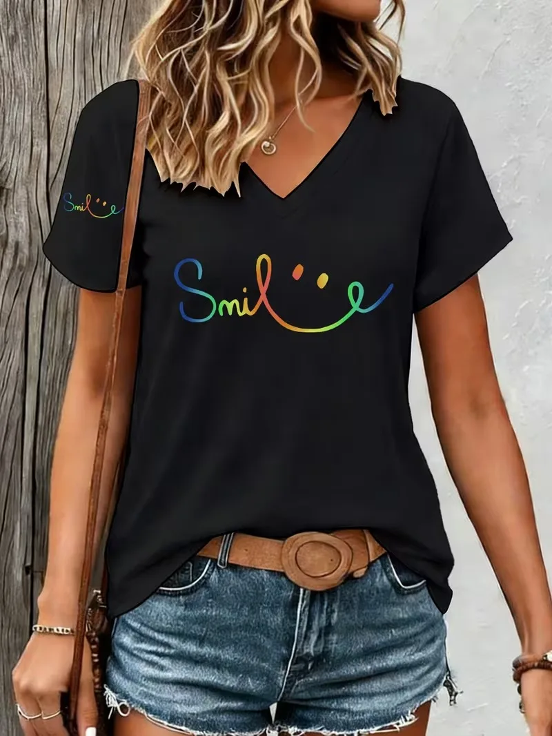 Fashion Gradient Smile Letter 3D printed women's T-shirt for summer comfort V-neck short sleeved daily casual y2k women's top