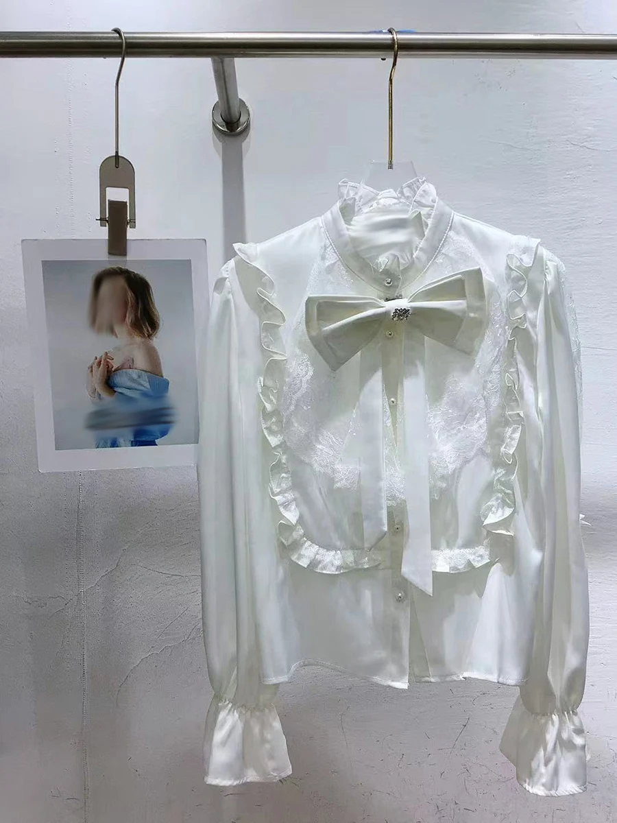 GALCAUR الصلبة تقسم الفطريات شيك قميص الإناث الوقوف طوق كم طويل فضفاض أنيق فاخر المرأة قمصان الخريف الاسلوب المناسب