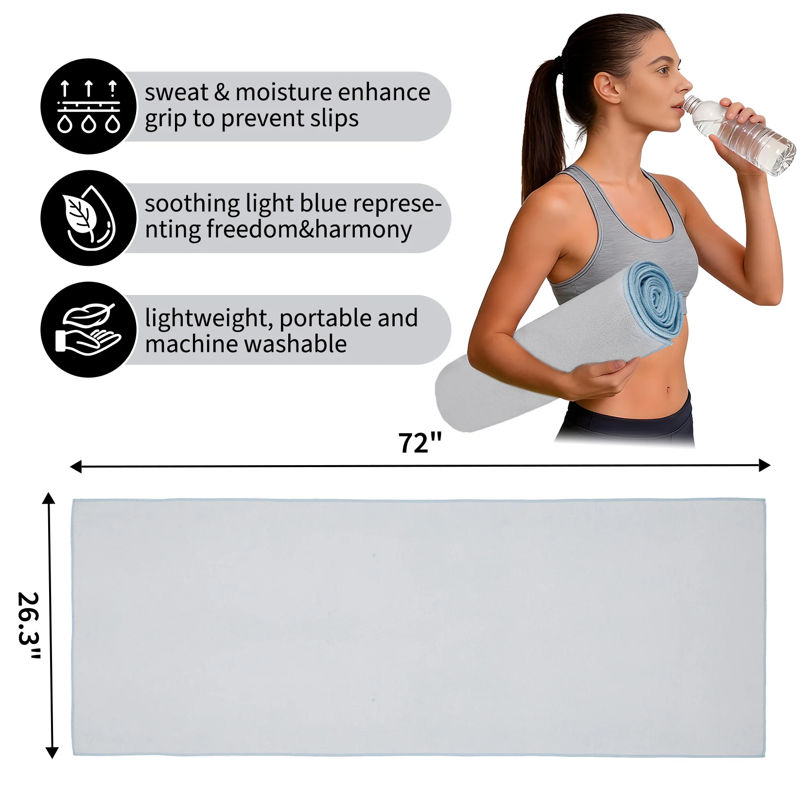 Non-Slip Microfiber Yoga Towel for Hot Yoga & Pilates - Sweat Absorbent, Quick Dry, Machine Washable - Mat Cover, Ideal for Gym - 183x67cm - view 2