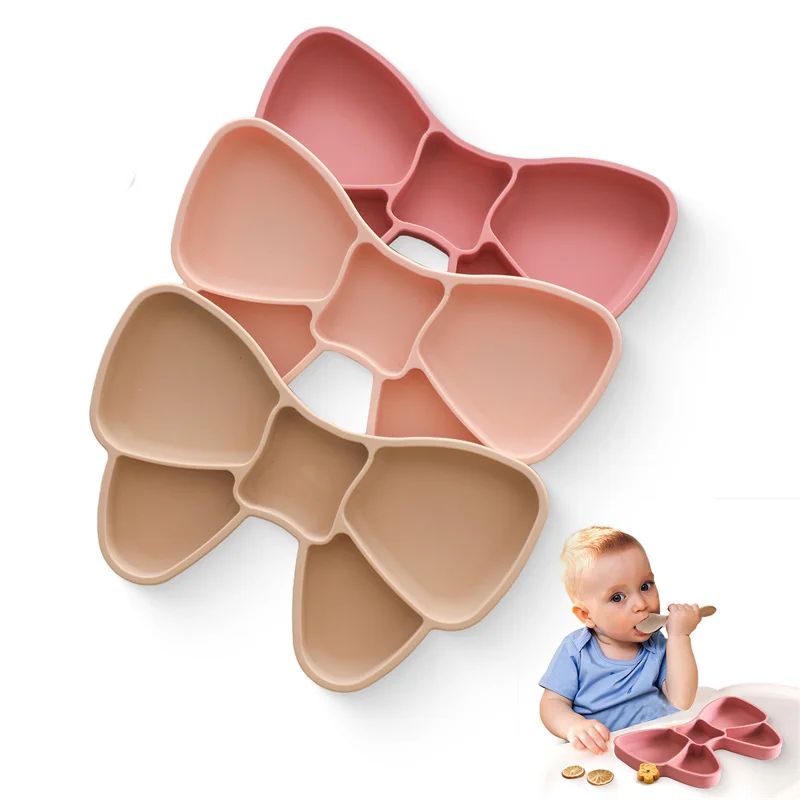 Baby BPA Free Silicone Feeding Training Plate Silicone Dining Plate Bowknot Bowl Kids Cartoon Little Bow Newborn Tableware