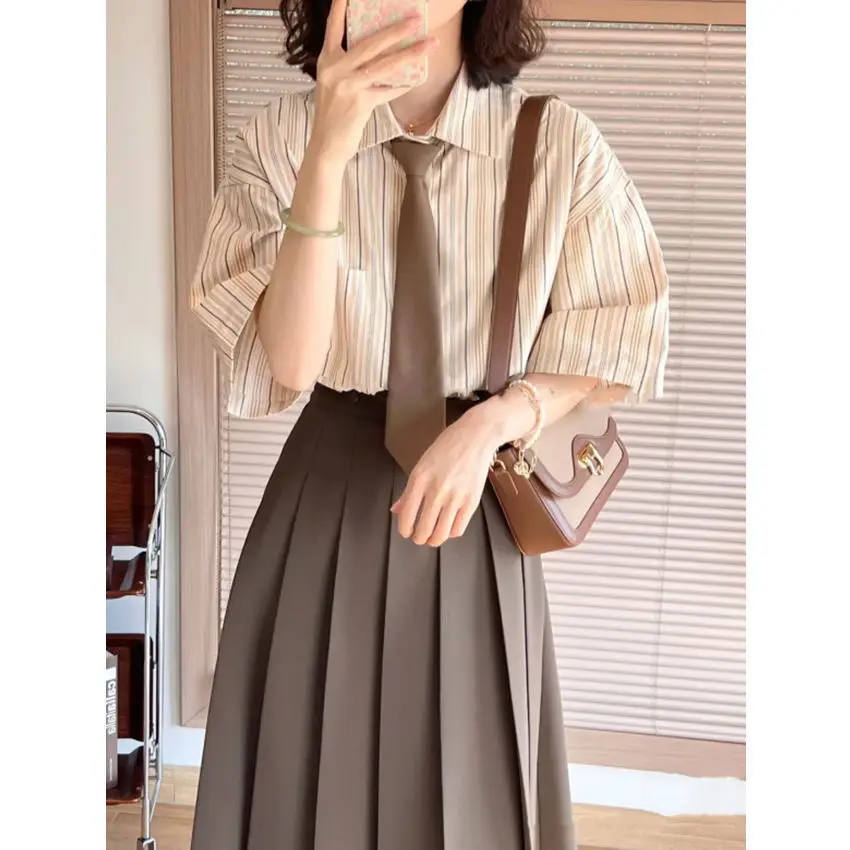  Summer New American Retro Striped Korean Style Shirt High Waist A-Line Umbrella Skirt Midi Pleated Skirt Set Women