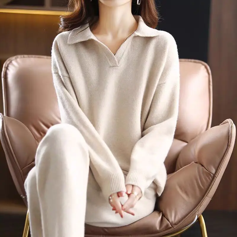 

Korean Fashion Loose Knitted Set 2024 Casual Simple Sweater Wide Leg Pants Two Piece Women's Outfit Comfortable Turn-down Collar