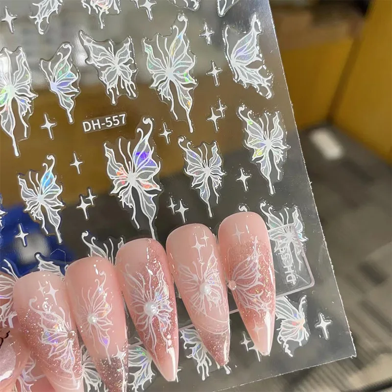 Pink Glitter Butterfly Nails Stickers 3D Laser Holographic Shiny Fairy Fluidic Butterfies Decals DIY Manicure Decorations Slider